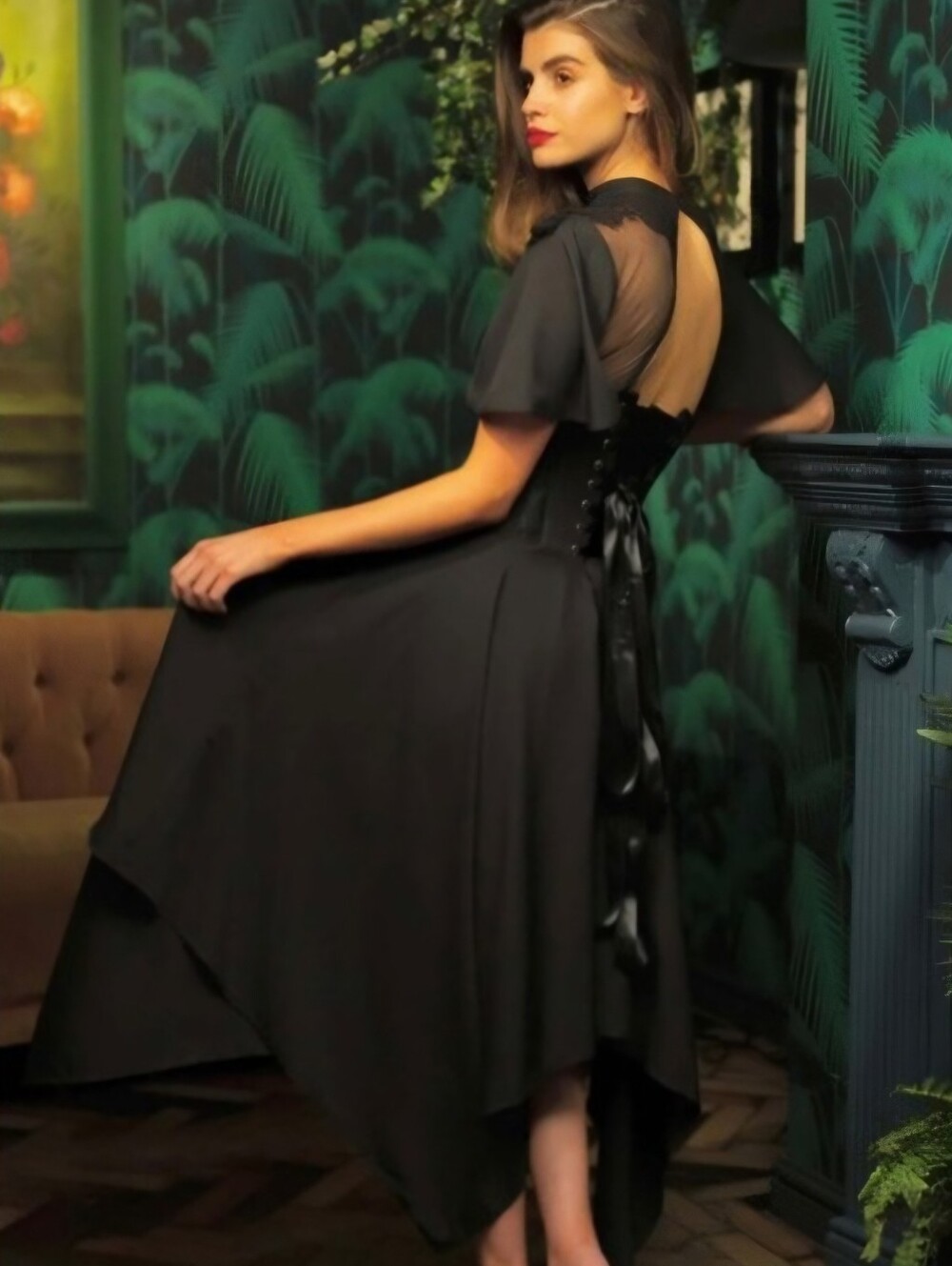 Black Lace-Back Victorian Style Corset Story Dress With Handkerchief Skirt Sz 26